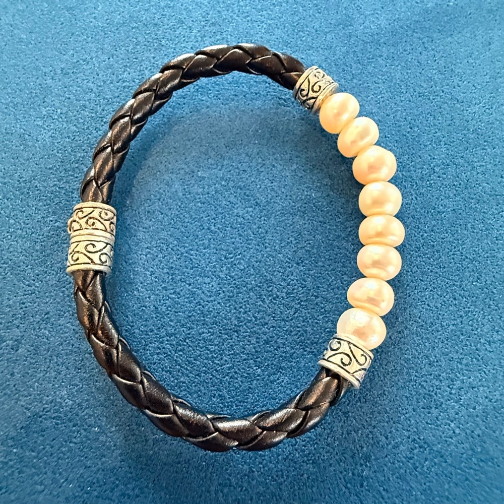 White Pearl Black Braided Leather Silver Bracelet